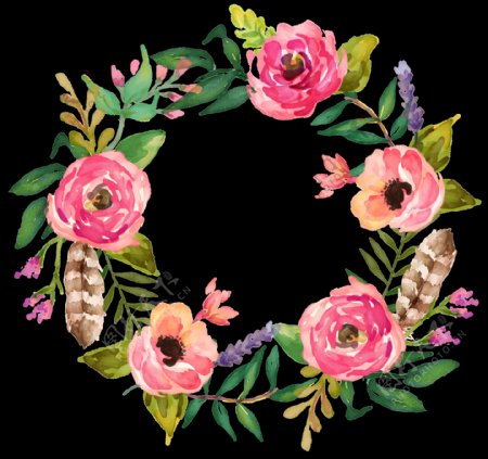 美丽深粉色玫瑰花手绘花环装饰元素