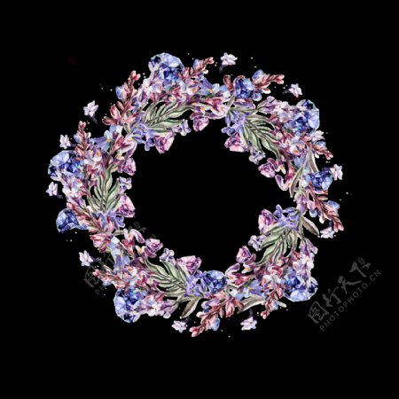 清新蓝紫色花朵手绘花环装饰元素