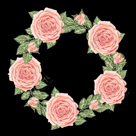 清新粉色玫瑰花手绘花环装饰元素