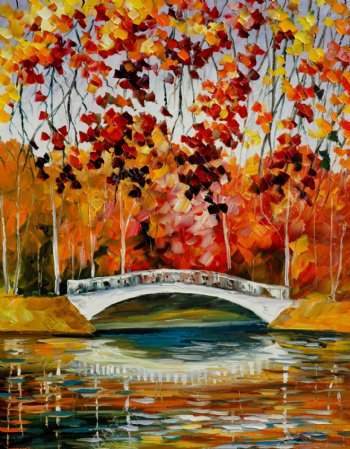 拱桥风景油画