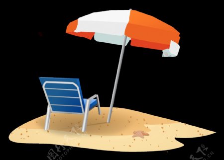 卡通沙滩遮阳伞躺椅png元素