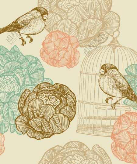 花朵小鸟和鸟笼插画