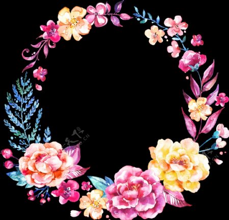 鲜艳花束手绘花环装饰图案