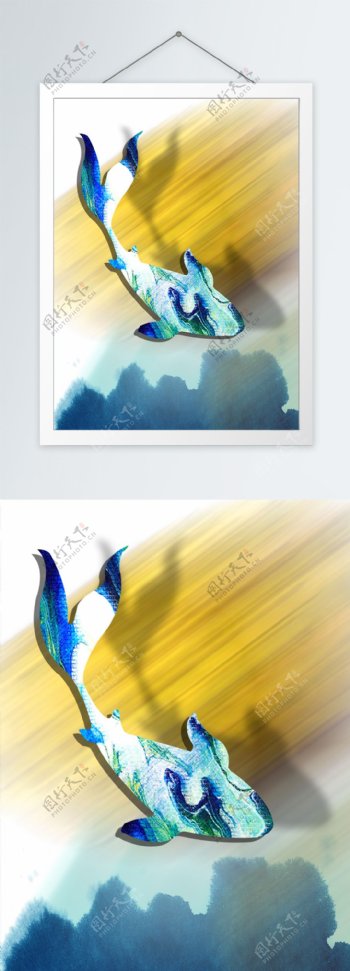 现代蓝色抽象大鱼客厅装饰画