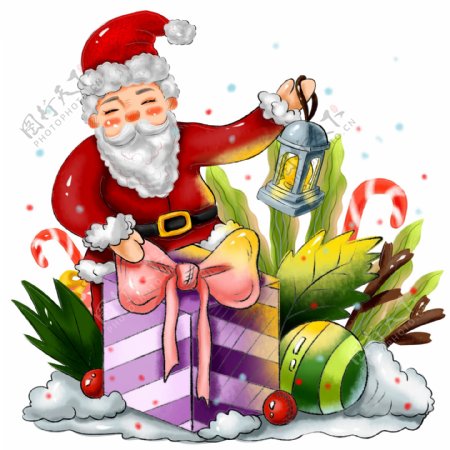 商用手绘圣诞节日圣诞老人礼物植物人物元素