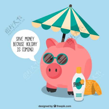 可爱太阳伞下的猪储蓄罐矢量图