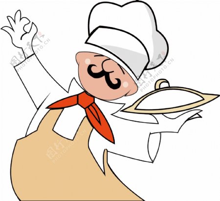 手绘卡通开心端盘子上菜的八字胡厨师