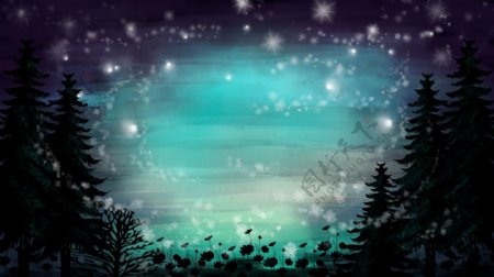 夜晚绿色树木荧火虫卡通背景