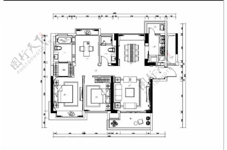 中式三室两厅平面图