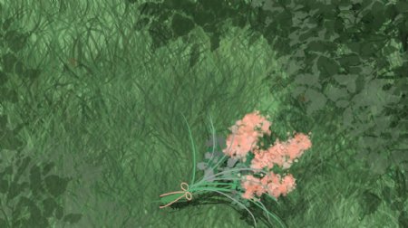 遗放在绿色草丛中的粉色花束背景