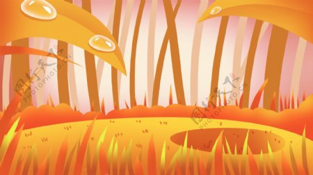 金黄色卡通梦幻秋季树林子插画背景设计