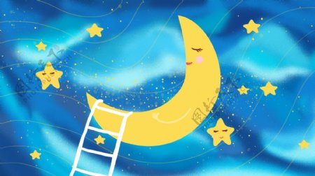 晚安你好之月亮星星蓝色星空插画背景