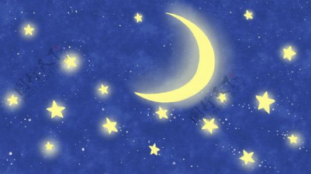 蓝色梦幻月亮星星插画背景素材