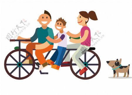 卡通扁平一家人骑自行车png元素