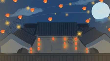传统中元节圆月孔明灯背景素材