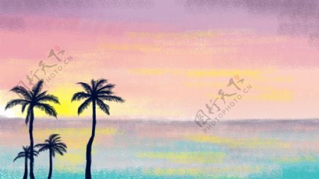 彩绘处暑节气海彩霞椰树背景素材