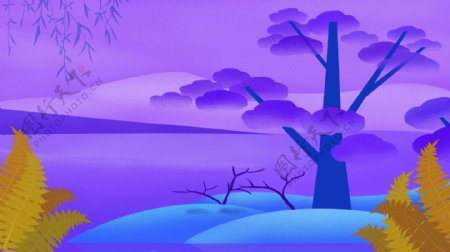 紫色系海滩大树背景素材