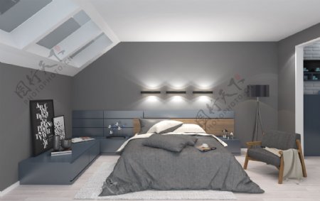 斜坡屋顶卧室床头设计效果图