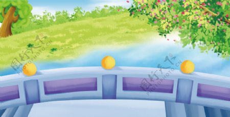 春季彩绘小桥流水插画背景设计