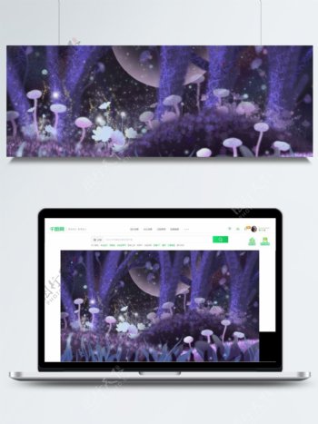紫色夜色中的树木卡通背景
