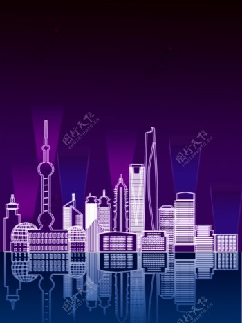纯原创手绘紫色城市剪影