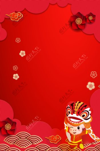 2019猪年春节舞狮海报背景素材