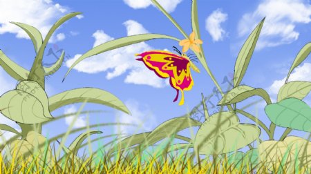 草叶间飞舞的蝴蝶卡通背景