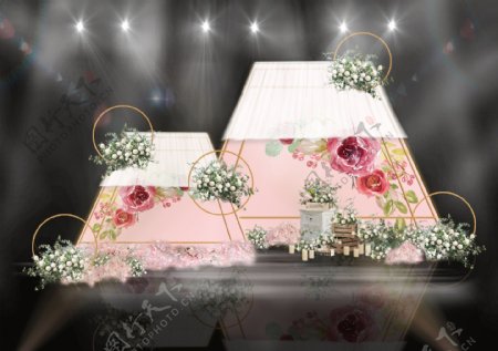 粉色系富士山造型印花纱幔金框婚礼效果图