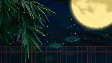 圆月星空下的竹子栅栏背景素材