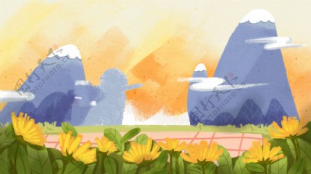 彩绘重阳节山和菊花背景设计