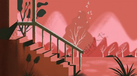粉色楼梯植物背景素材