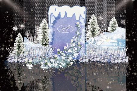蓝色冰雪纯净水晶冷色调婚礼舞台效果图