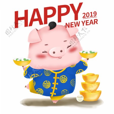 新年可爱猪立体IP卡通形象福娃男孩吃汤圆