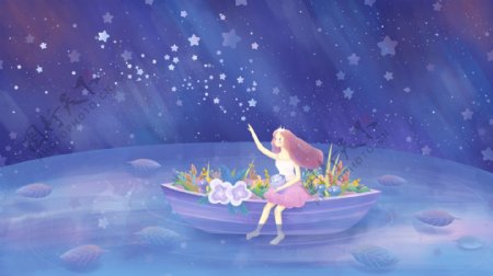 小船上的花朵和小女孩蓝色卡通背景