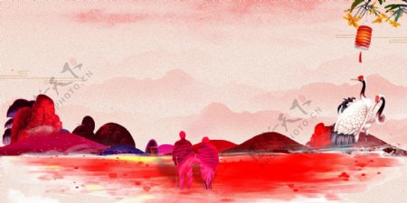 中国风红色海滩海报背景素材