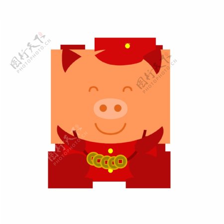 猪年红色招财铜钱动物小猪形象可商用矢量