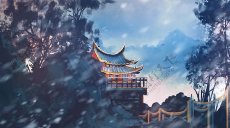雪山古寺庙中国风背景设计