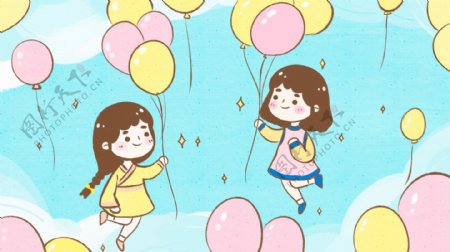 两个拿气球的女孩和漫天的彩色气球卡通背景