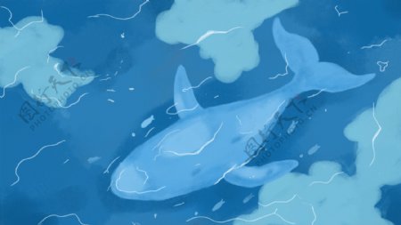 蓝色海洋中的游泳的蓝色鲸鱼卡通背景
