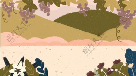 青山河水彩色花叶葡萄藤卡通背景
