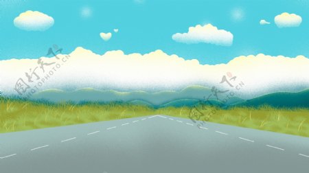 蓝天白云下的公路草地卡通背景