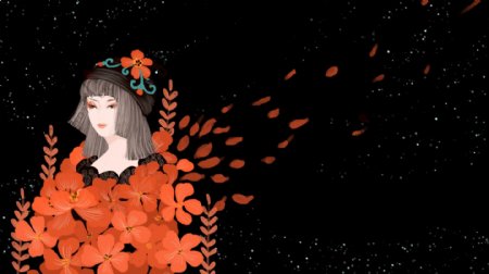 红色花朵围绕的卡通漂亮女孩背景