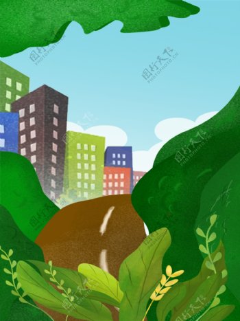 手绘卡通绿树掩映的城市高楼大厦广告背景