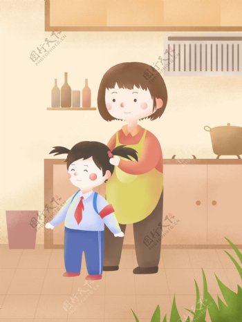 在厨房给孩子绑头发的妈妈母亲节海报背景