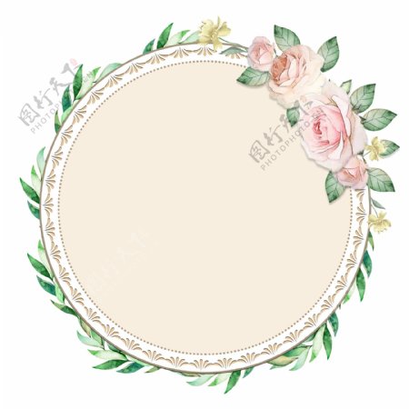 手绘复古圆形水彩花卉玫瑰植物边框