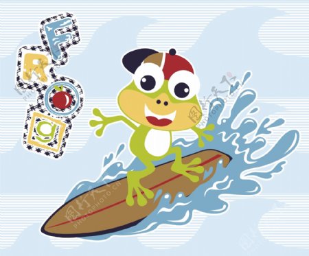 可爱开心青蛙冲浪儿童插画