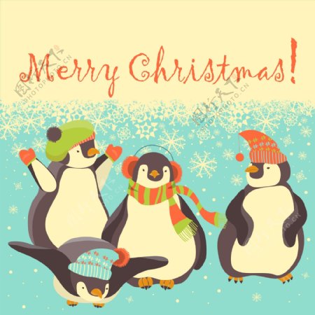复古卡通企鹅圣诞节海报