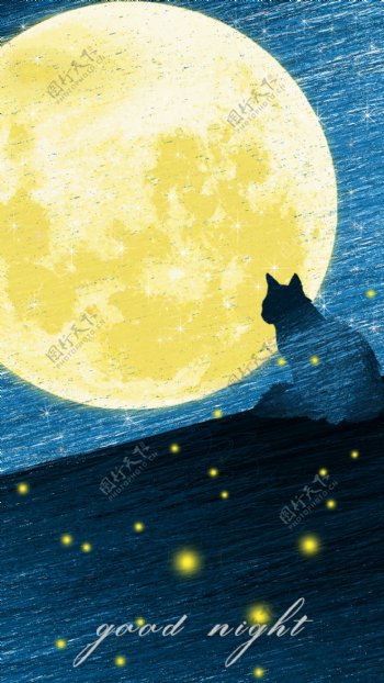 梦幻孤独的夜猫线条原创海报