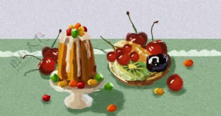 甜点厨房美食蛋糕水果小清新插画