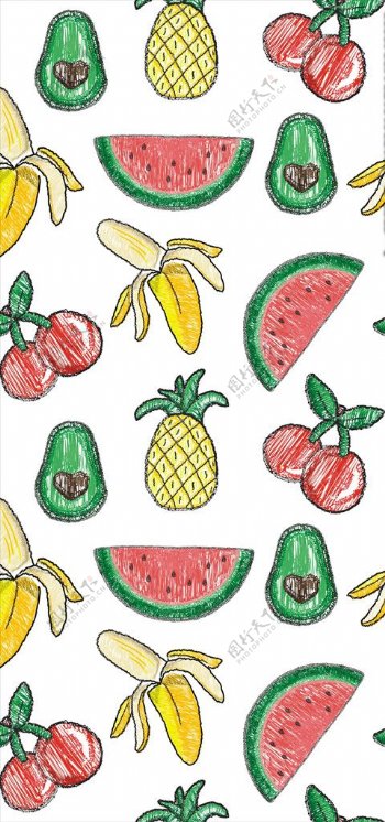 香蕉西瓜菠萝樱桃刺绣底纹矢量图